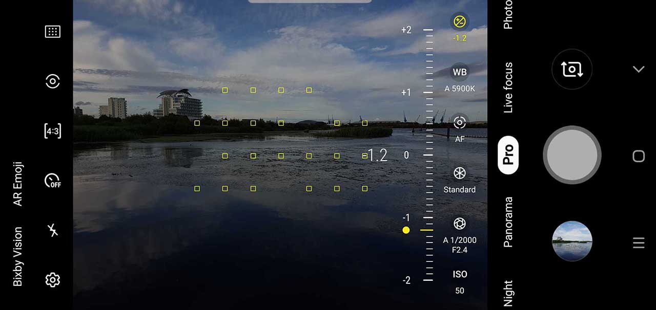 Options within the Samsung S10 Pro camera mode: exposure compensation