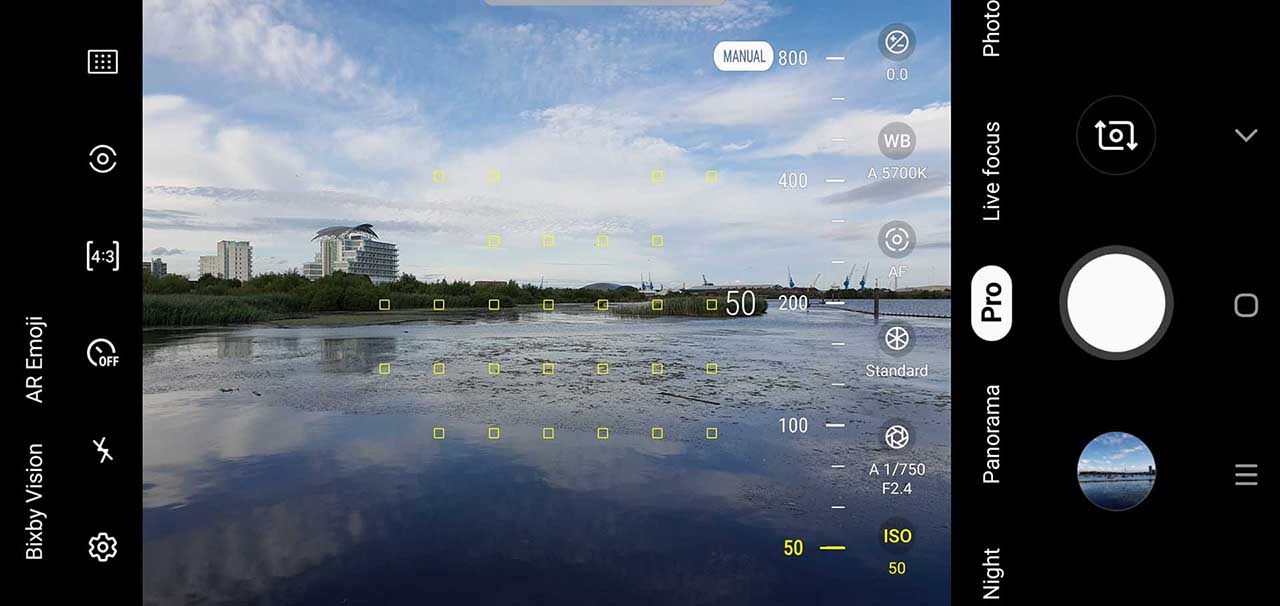 Options within the Samsung S10 Pro camera mode: ISO