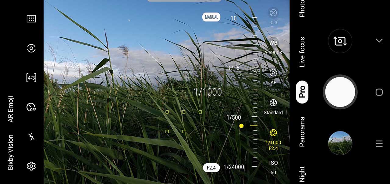 Options within the Samsung S10 Pro camera mode: shutter speed