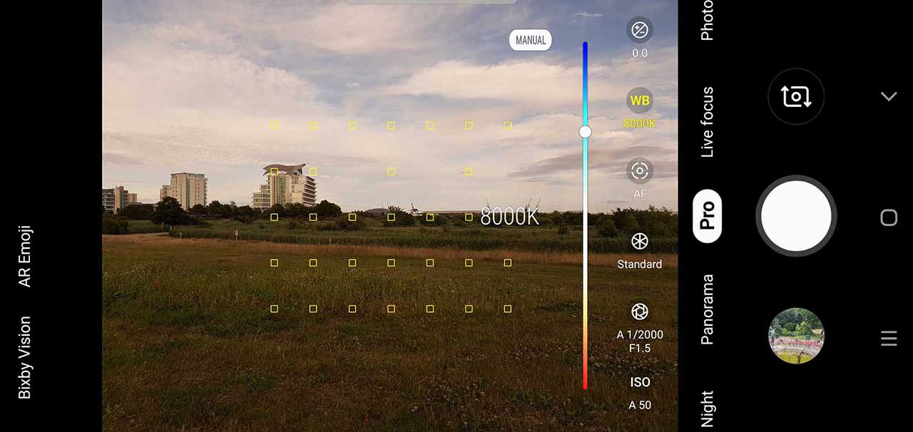 Options within the Samsung S10 Pro camera mode: white balance